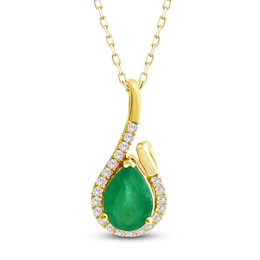 Pear-Shaped Natural Emerald & Diamond Swirl Necklace 1/10 ct tw 14K Yellow Gold 18"