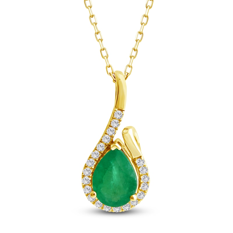 Main Image 1 of Pear-Shaped Natural Emerald & Diamond Swirl Necklace 1/10 ct tw 14K Yellow Gold 18"
