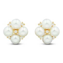 Cultured Pearl & Diamond Quad Stud Earrings 1/20 ct tw 14K Yellow Gold