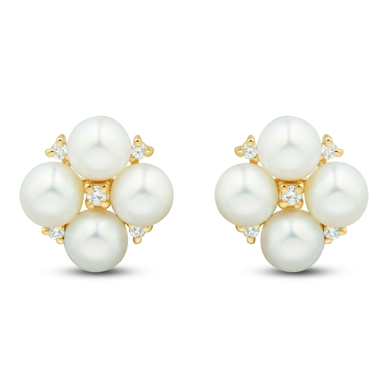 Main Image 1 of Cultured Pearl & Diamond Quad Stud Earrings 1/20 ct tw 14K Yellow Gold