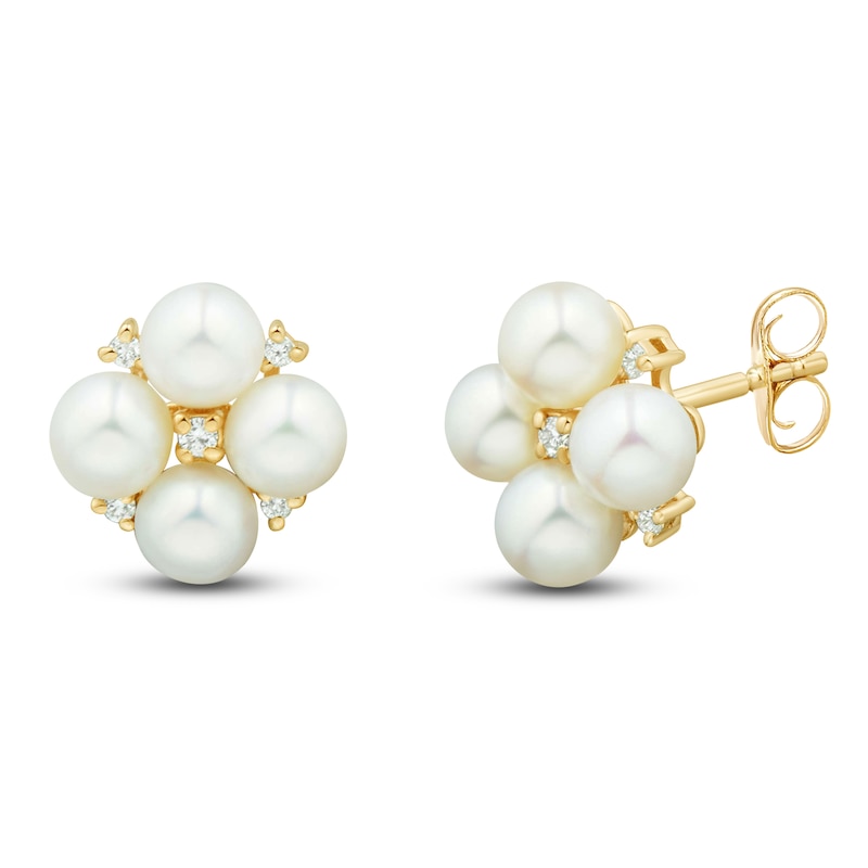 Main Image 2 of Cultured Pearl & Diamond Quad Stud Earrings 1/20 ct tw 14K Yellow Gold