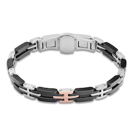 Baraka Men's Diamond Accent Link Bracelet Stainless Steel, Black Ceramic & 18K Rose Gold 8"