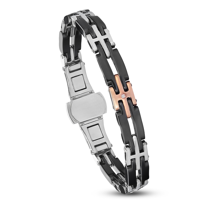 Main Image 3 of Baraka Men's Diamond Accent Link Bracelet Stainless Steel, Black Ceramic & 18K Rose Gold 8"