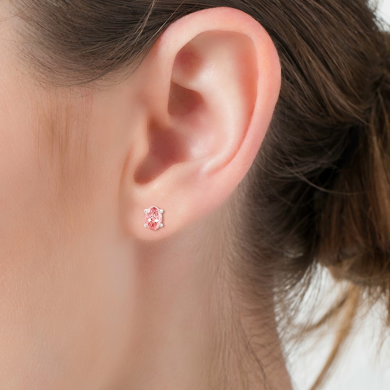 Main Image 3 of Oval-Cut Pink Lab-Grown Diamond Solitaire Stud Earrings 2 ct tw 14K White Gold