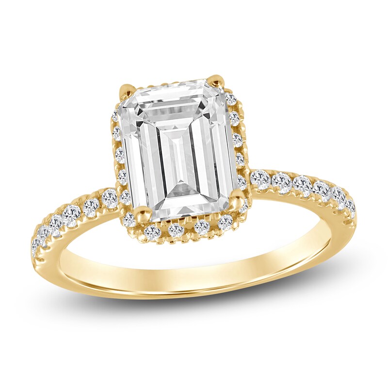 Main Image 1 of Emerald-Cut Lab-Grown Diamond Halo Engagement Ring 2-3/4 ct tw 14K Yellow Gold