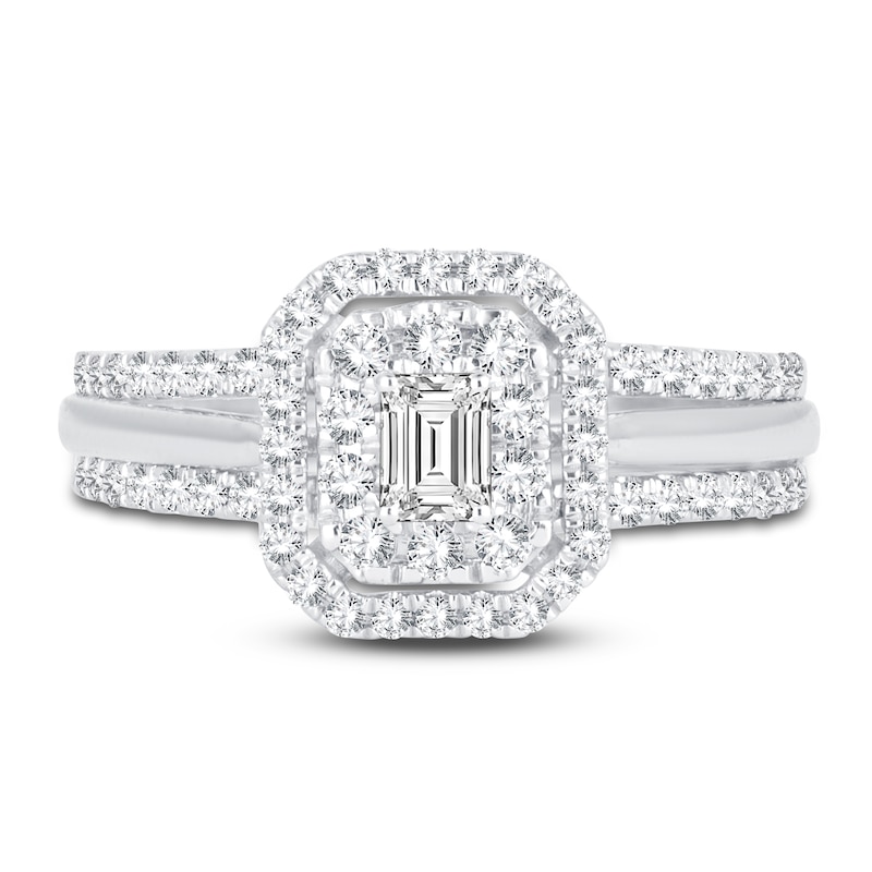 Main Image 3 of Diamond Double Halo Engagement Ring 3/4 ct tw Emerald/Round 14K White Gold