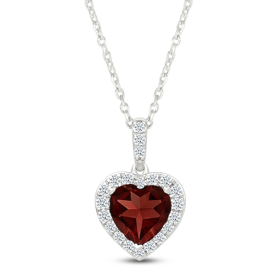 Heart-Shaped Natural Garnet & White Lab-Created Sapphire Heart Necklace Sterling Silver 18"