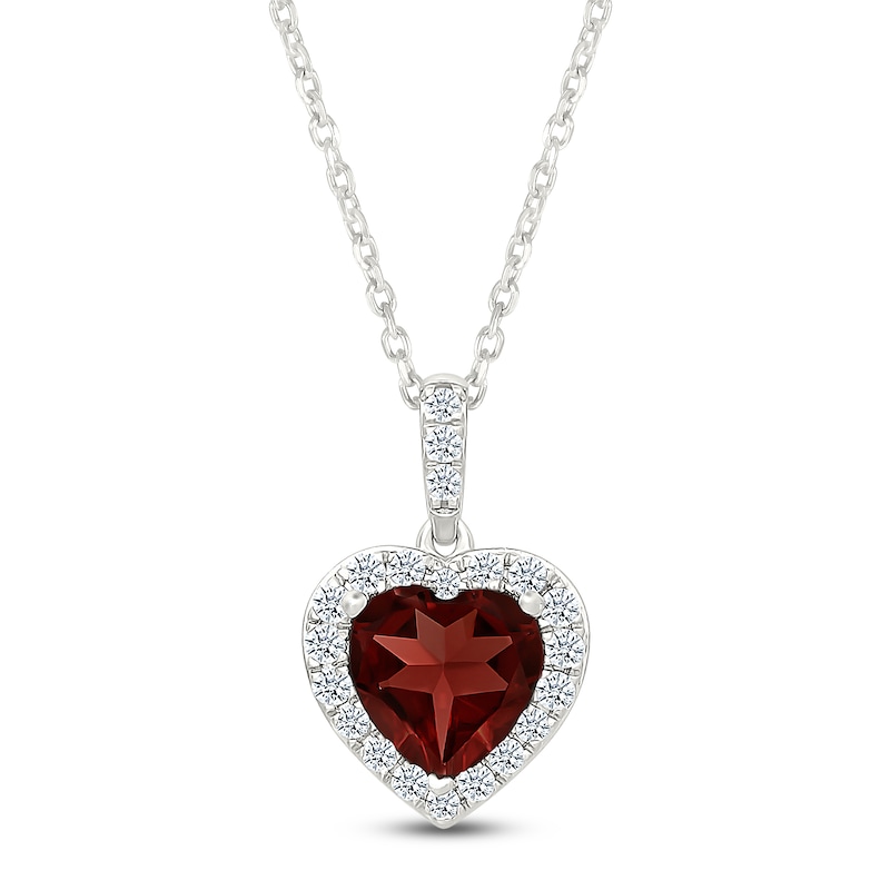 Main Image 1 of Heart-Shaped Natural Garnet & White Lab-Created Sapphire Heart Necklace Sterling Silver 18"
