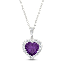 Heart-Shaped Natural Amethyst & White Lab-Created Sapphire Heart Necklace Sterling Silver 18"