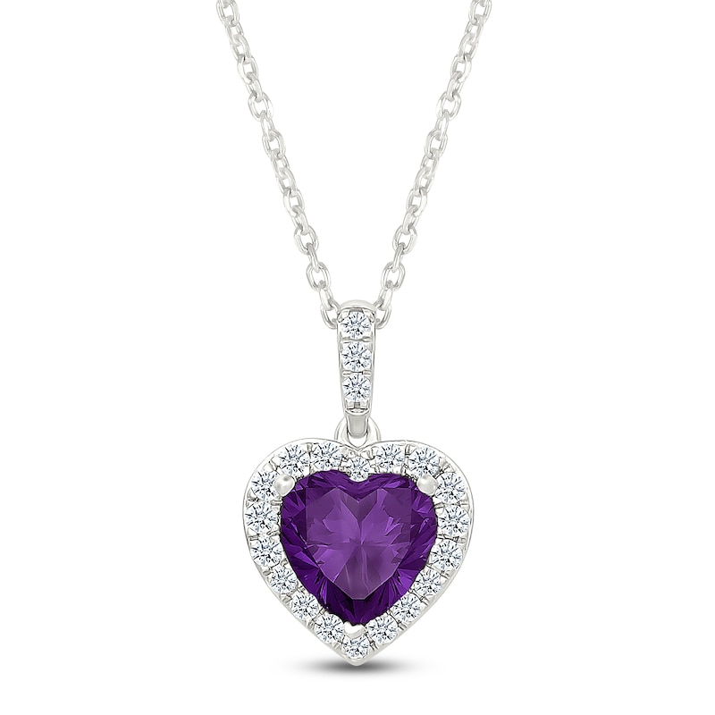 Main Image 1 of Heart-Shaped Natural Amethyst & White Lab-Created Sapphire Heart Necklace Sterling Silver 18"