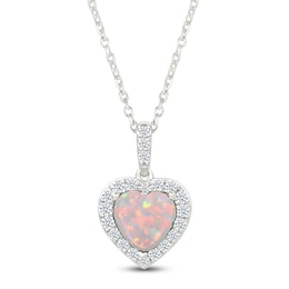 Heart-Shaped Lab-Created Opal & White Lab-Created Sapphire Heart Necklace Sterling Silver 18"