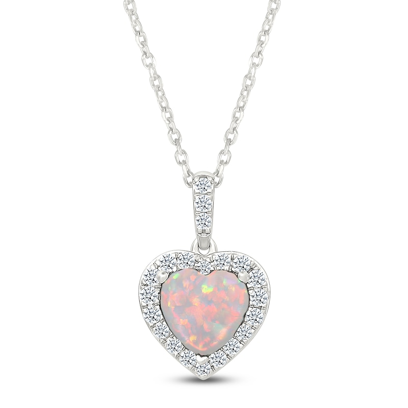 Main Image 1 of Heart-Shaped Lab-Created Opal & White Lab-Created Sapphire Heart Necklace Sterling Silver 18"