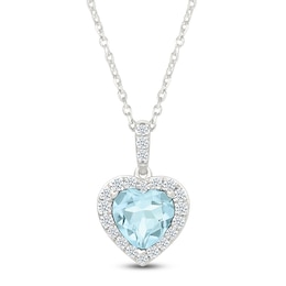 Heart-Shaped Aquamarine & White Lab-Created Sapphire Heart Necklace Sterling Silver 18"