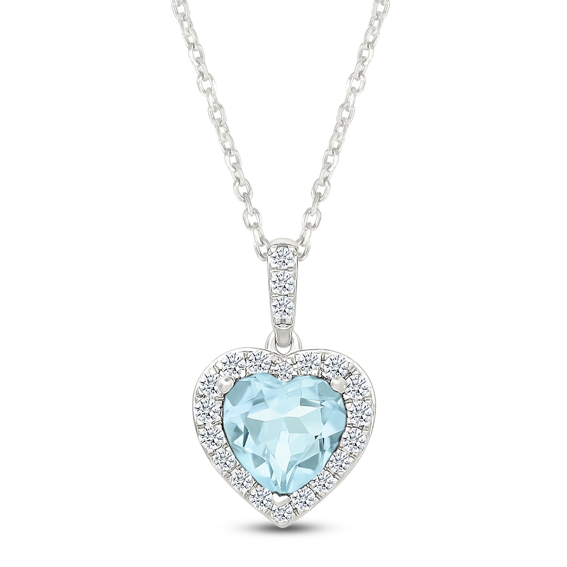 Main Image 1 of Heart-Shaped Aquamarine & White Lab-Created Sapphire Heart Necklace Sterling Silver 18"