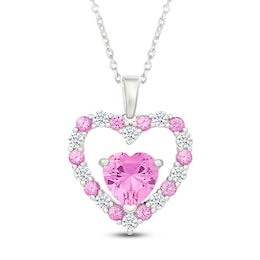 Pink & White Lab-Created Sapphire Double Heart Necklace Sterling Silver 18"