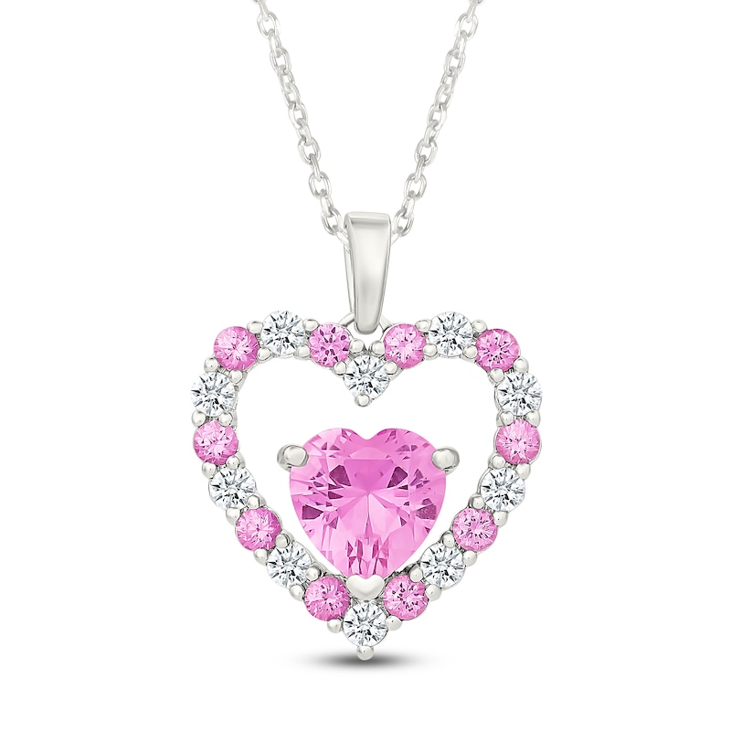 Main Image 1 of Pink & White Lab-Created Sapphire Double Heart Necklace Sterling Silver 18"