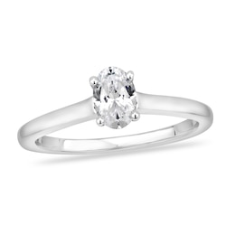 Image of diamond solitaire 14K white gold oval cut engagement ring.