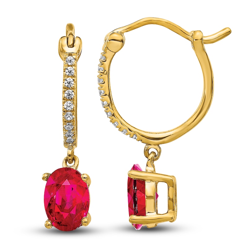 Main Image 1 of Natural Ruby Hoop Earrings 1/10 ct tw Diamonds 14K Yellow Gold