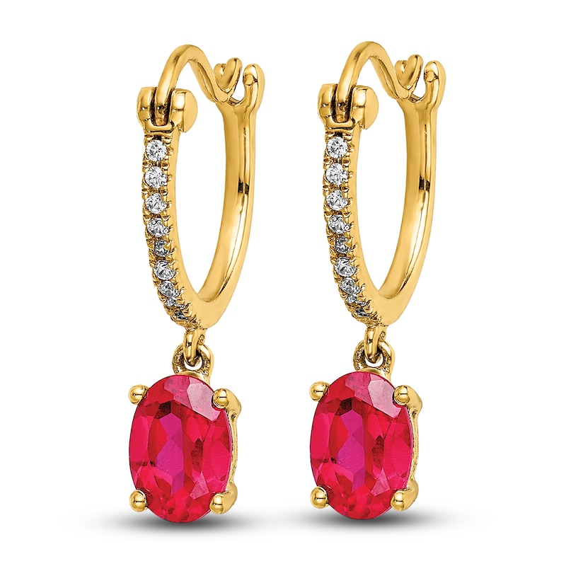 Natural Ruby Hoop Earrings 1/10 ct tw Diamonds 14K Yellow Gold