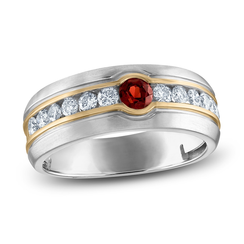 Main Image 1 of Men's Natural Garnet Anniversary Band 5/8 ct tw Diamonds 14K Two-Tone Gold