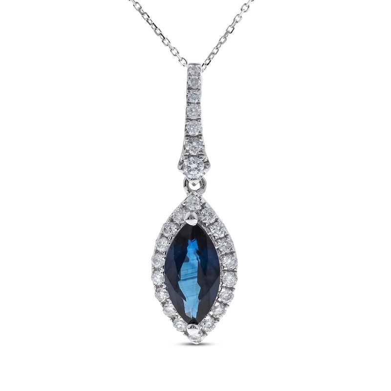 Natural Blue Sapphire Necklace 1/6 ct tw Diamonds 14K White Gold 18"