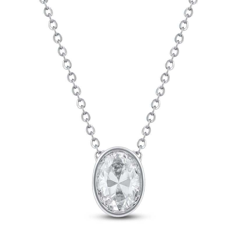 Main Image 1 of Oval-Cut Lab-Grown Diamond Bezel-Set Solitaire Necklace 1 ct tw 18K White Gold 18" (F/VS2)