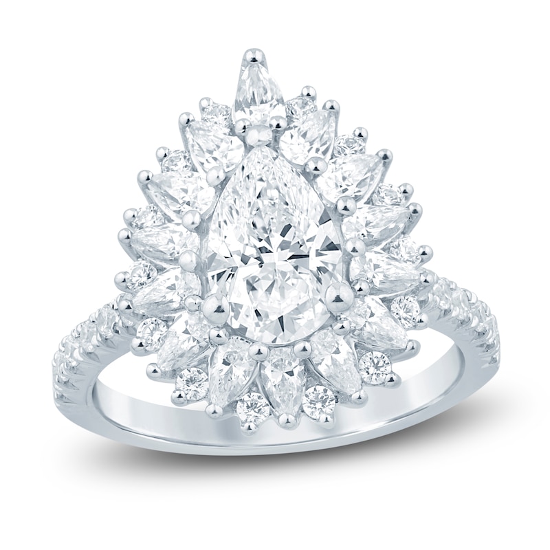 Main Image 1 of Pear-Shaped Lab-Grown Diamond Starburst Halo Engagement Ring 2-1/3 ct tw 14K White Gold