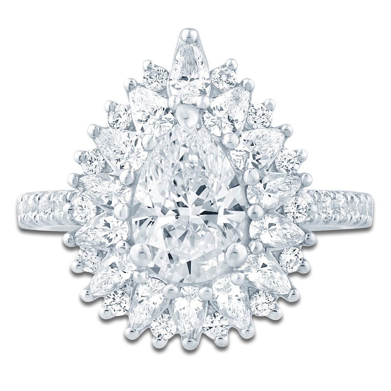 Main Image 3 of Pear-Shaped Lab-Grown Diamond Starburst Halo Engagement Ring 2-1/3 ct tw 14K White Gold