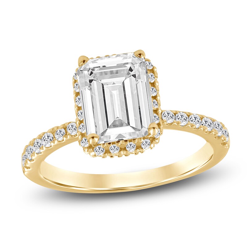 Main Image 1 of Emerald-Cut Lab-Grown Diamond Halo Engagement Ring 2 3/4 ct tw 18K Yellow Gold