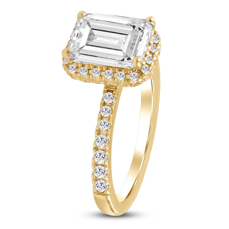 Main Image 2 of Emerald-Cut Lab-Grown Diamond Halo Engagement Ring 2 3/4 ct tw 18K Yellow Gold
