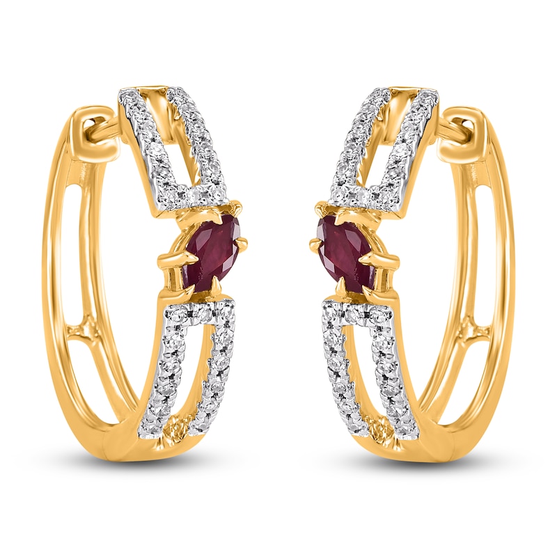 Main Image 2 of Marquise-Cut Natural Ruby & Diamond Hoop Earrings 1/6 ct tw 14K Yellow Gold