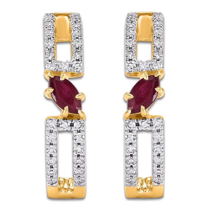 Main Image 3 of Marquise-Cut Natural Ruby & Diamond Hoop Earrings 1/6 ct tw 14K Yellow Gold