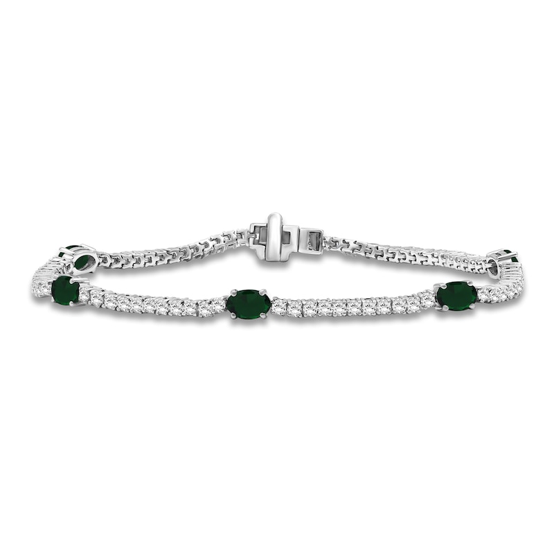 Main Image 1 of Oval-Cut Lab-Created Emerald & White Lab-Created Sapphire Station Bracelet Sterling Silver 7.5"