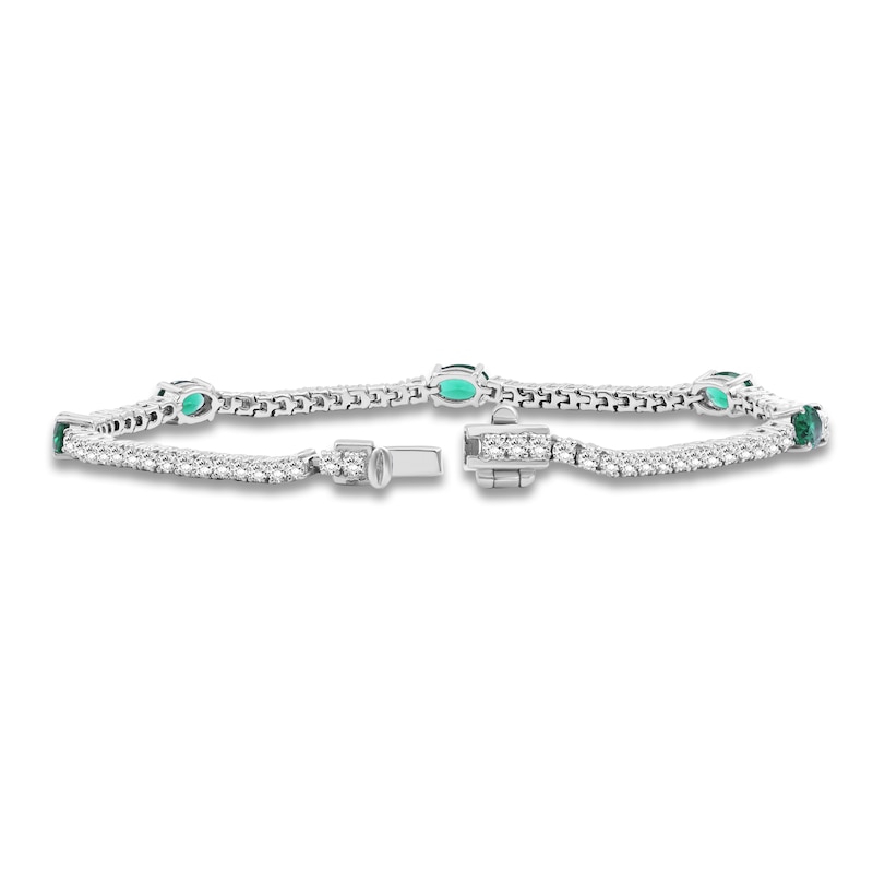 Main Image 2 of Oval-Cut Lab-Created Emerald & White Lab-Created Sapphire Station Bracelet Sterling Silver 7.5"