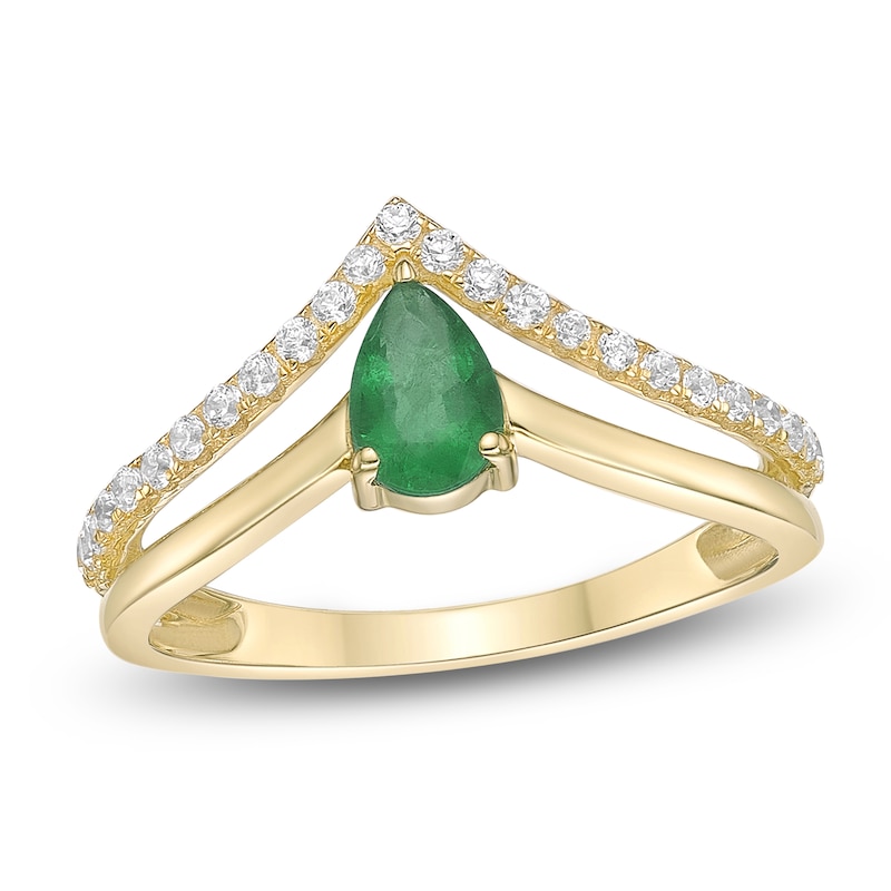 Main Image 1 of Pear-Shaped Natural Emerald & Diamond Split Chevron Ring 1/5 ct tw 10K Yellow Gold