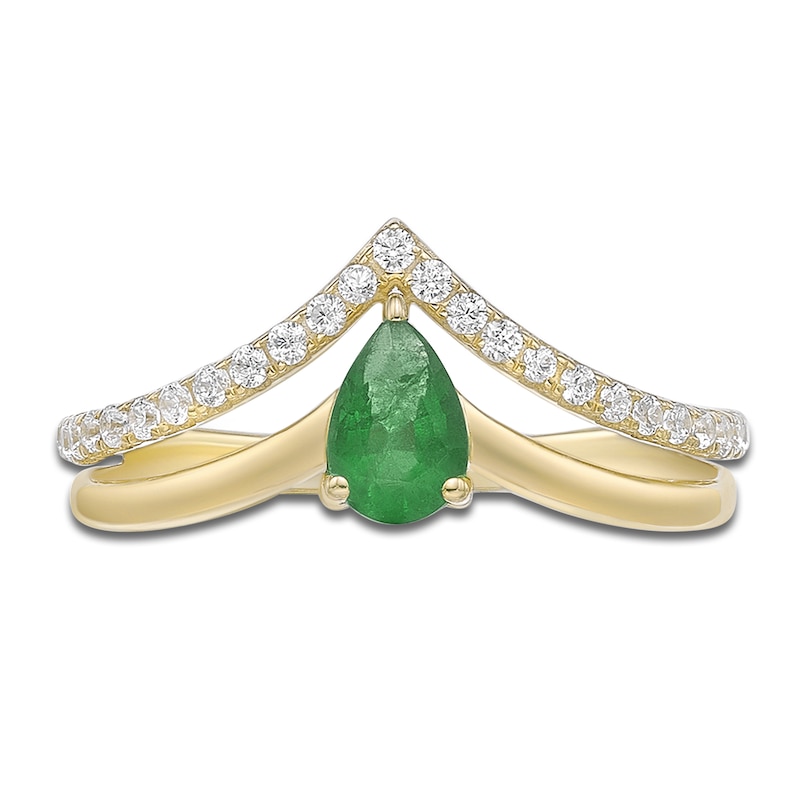 Main Image 3 of Pear-Shaped Natural Emerald & Diamond Split Chevron Ring 1/5 ct tw 10K Yellow Gold