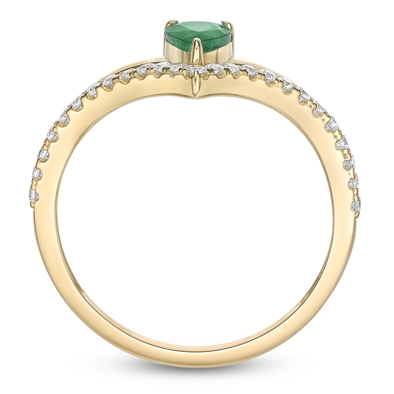 Main Image 4 of Pear-Shaped Natural Emerald & Diamond Split Chevron Ring 1/5 ct tw 10K Yellow Gold