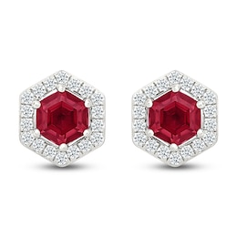 Hexagon-Cut Lab-Created Ruby & White Lab-Created Sapphire Halo Stud Earrings Sterling Silver