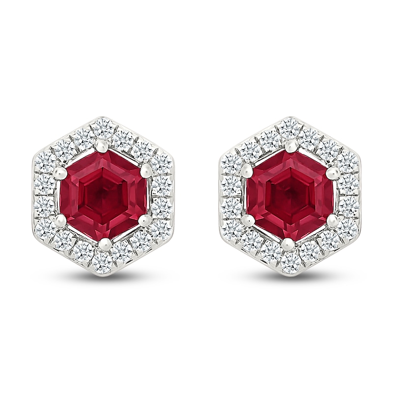 Main Image 1 of Hexagon-Cut Lab-Created Ruby & White Lab-Created Sapphire Halo Stud Earrings Sterling Silver