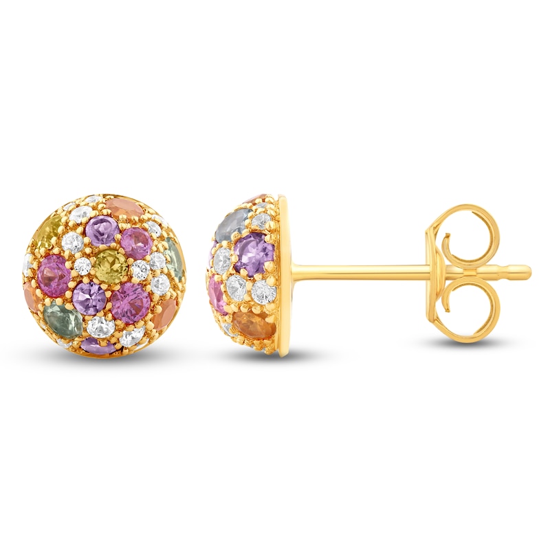 Main Image 1 of Natural Amethyst, Citrine, Peridot, Pink Sapphire, Swiss Blue Topaz & Diamond Pavé Domed Stud Earrings 1/6 ct tw 14K Yellow Gold