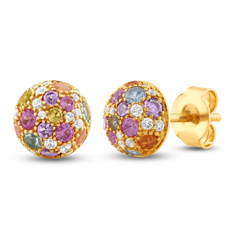 Main Image 2 of Natural Amethyst, Citrine, Peridot, Pink Sapphire, Swiss Blue Topaz & Diamond Pavé Domed Stud Earrings 1/6 ct tw 14K Yellow Gold