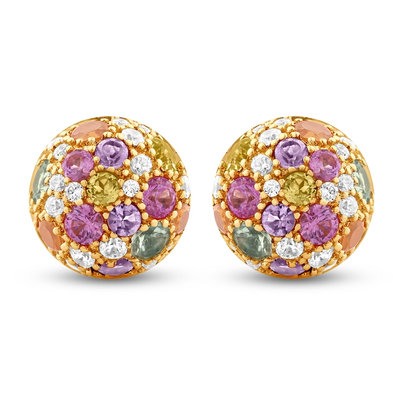 Main Image 3 of Natural Amethyst, Citrine, Peridot, Pink Sapphire, Swiss Blue Topaz & Diamond Pavé Domed Stud Earrings 1/6 ct tw 14K Yellow Gold