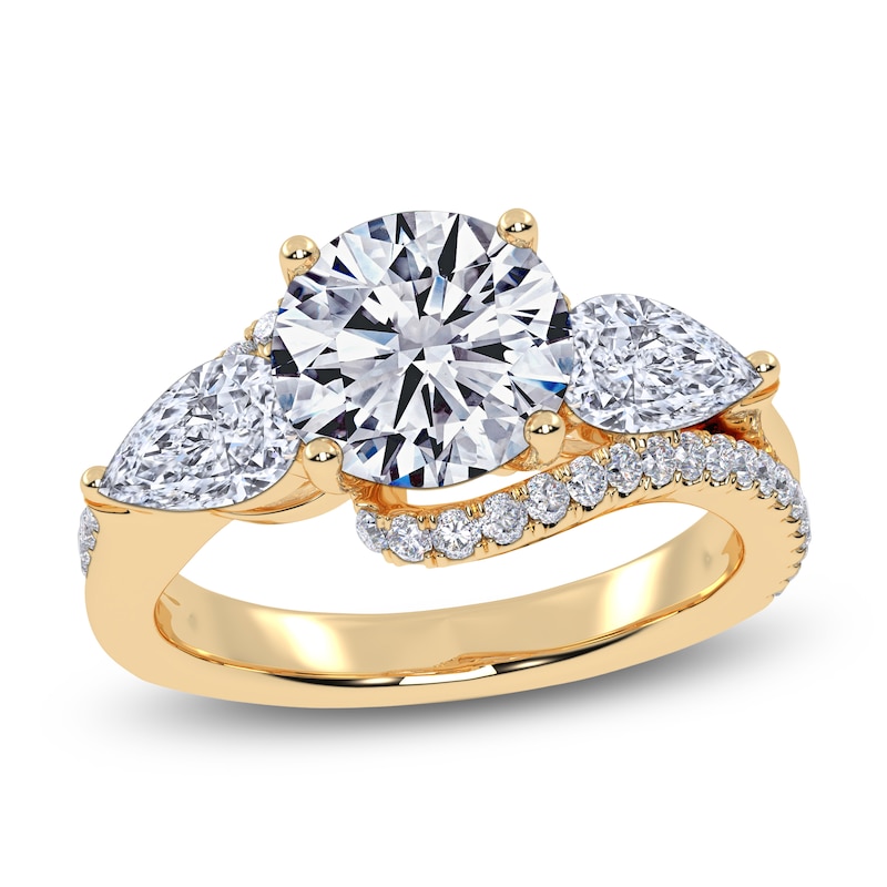 Main Image 1 of Round-Cut & Pear-Shaped Lab-Grown Diamond Three-Stone Bypass Engagement Ring 2-1/4 ct tw 14K Yellow Gold