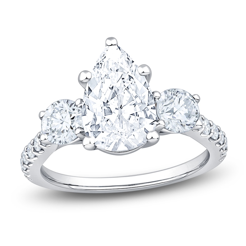 Main Image 1 of Pear-Shaped & Round-Cut Lab-Grown Diamond Three-Stone Engagement Ring 3 ct tw 14K White Gold
