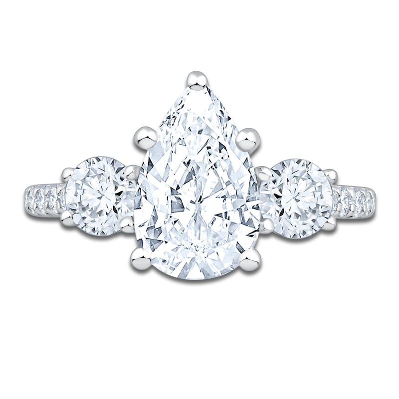 Main Image 3 of Pear-Shaped & Round-Cut Lab-Grown Diamond Three-Stone Engagement Ring 3 ct tw 14K White Gold
