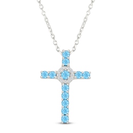 Natural Swiss Blue Topaz & White Lab-Created Sapphire Cross Necklace Sterling Silver 18"