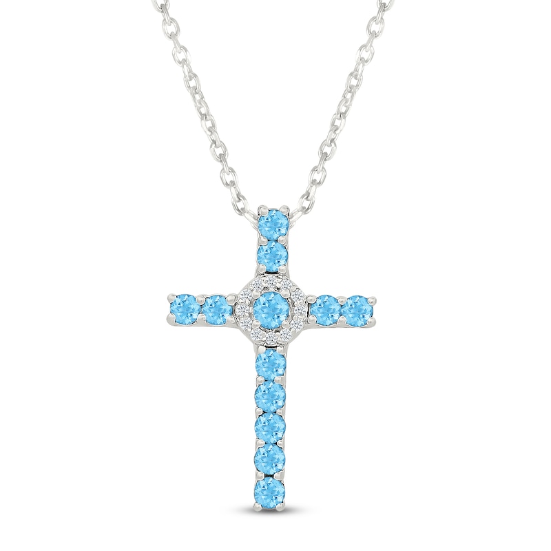 Main Image 1 of Natural Swiss Blue Topaz & White Lab-Created Sapphire Cross Necklace Sterling Silver 18"