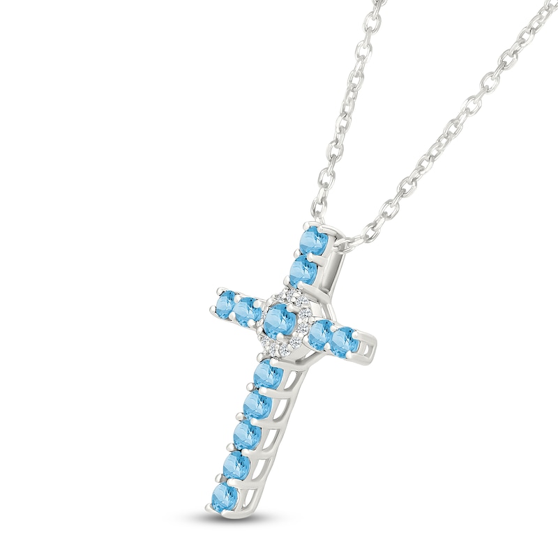 Main Image 2 of Natural Swiss Blue Topaz & White Lab-Created Sapphire Cross Necklace Sterling Silver 18"
