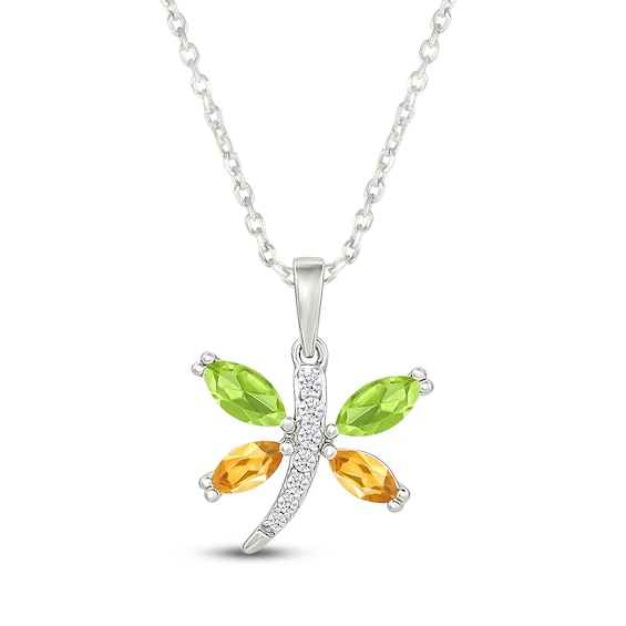Marquise-Cut Natural Peridot & Natural Citrine, White Lab-Created Sapphire Dragonfly Necklace Sterling Silver 18"