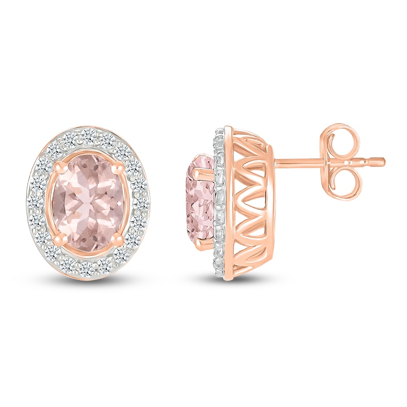 Main Image 1 of Oval-Cut Natural Morganite & White Lab-Created Sapphire Halo Stud Earrings 10K Rose Gold